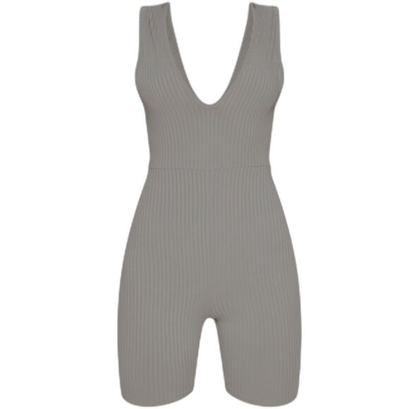 PLT Grey Stretchy Ribbed V Neck Plunge Sleeveless Romper Work Out Body Suit XS 2 - Picture 1 of 9